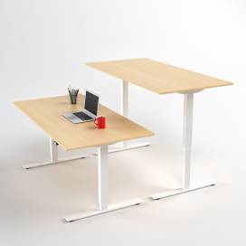 Höj- och sänkbart skrivbord, Vitt stativ och björkskiva