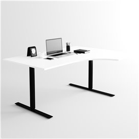 Svängt höj- och sänkbart skrivbord, svart stativ och vit skiva