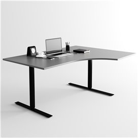 Svängt höj- och sänkbart skrivbord, svart stativ och mörkgrå skiva