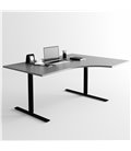 Svängt höj- och sänkbart skrivbord, svart stativ och mörkgrå skiva