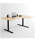 Svängt höj- och sänkbart skrivbord, svart stativ och ek skiva