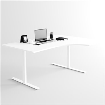 Svängt höj- och sänkbart skrivbord, vitt stativ och vit skiva