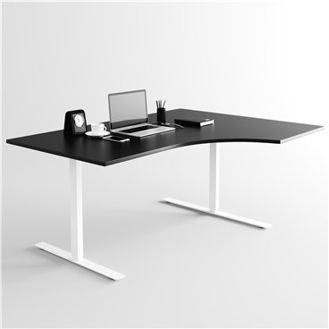 Svängt höj- och sänkbart skrivbord, vitt stativ och svart skiva
