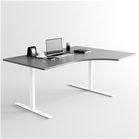 Svängt höj- och sänkbart skrivbord, vitt stativ och mörkgrå skiva