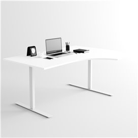 Svängt höj- och sänkbart skrivbord, silverstativ och vit skiva