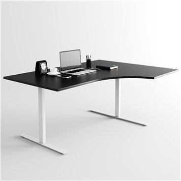 Svängt höj- och sänkbart skrivbord, silverstativ och svart skiva