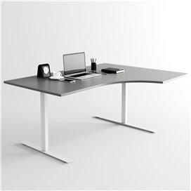 Svängt höj- och sänkbart skrivbord, silverstativ och mörkgrå skiva