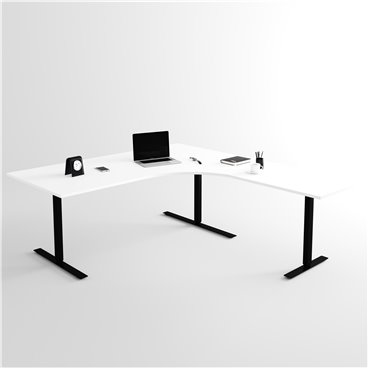 Höj- och sänkbart hörnskrivbord 3- ben, svart stativ och vit skiva