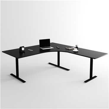 Höj- och sänkbart hörnskrivbord 3- ben, svart stativ och svart skiva