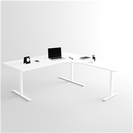 Höj- och sänkbart hörnskrivbord 3- ben, vitt stativ och vit skiva