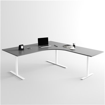 Höj- och sänkbart hörnskrivbord 3- ben, vitt stativ och mörkgrå skiva