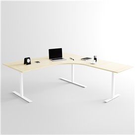 Höj- och sänkbart hörnskrivbord 3- ben, vitt stativ och björkskiva