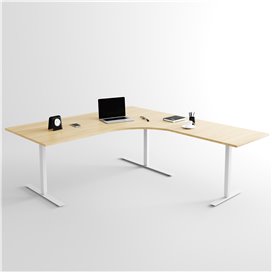 Höj- och sänkbart hörnskrivbord 3- ben, silverstativ och ek skiva